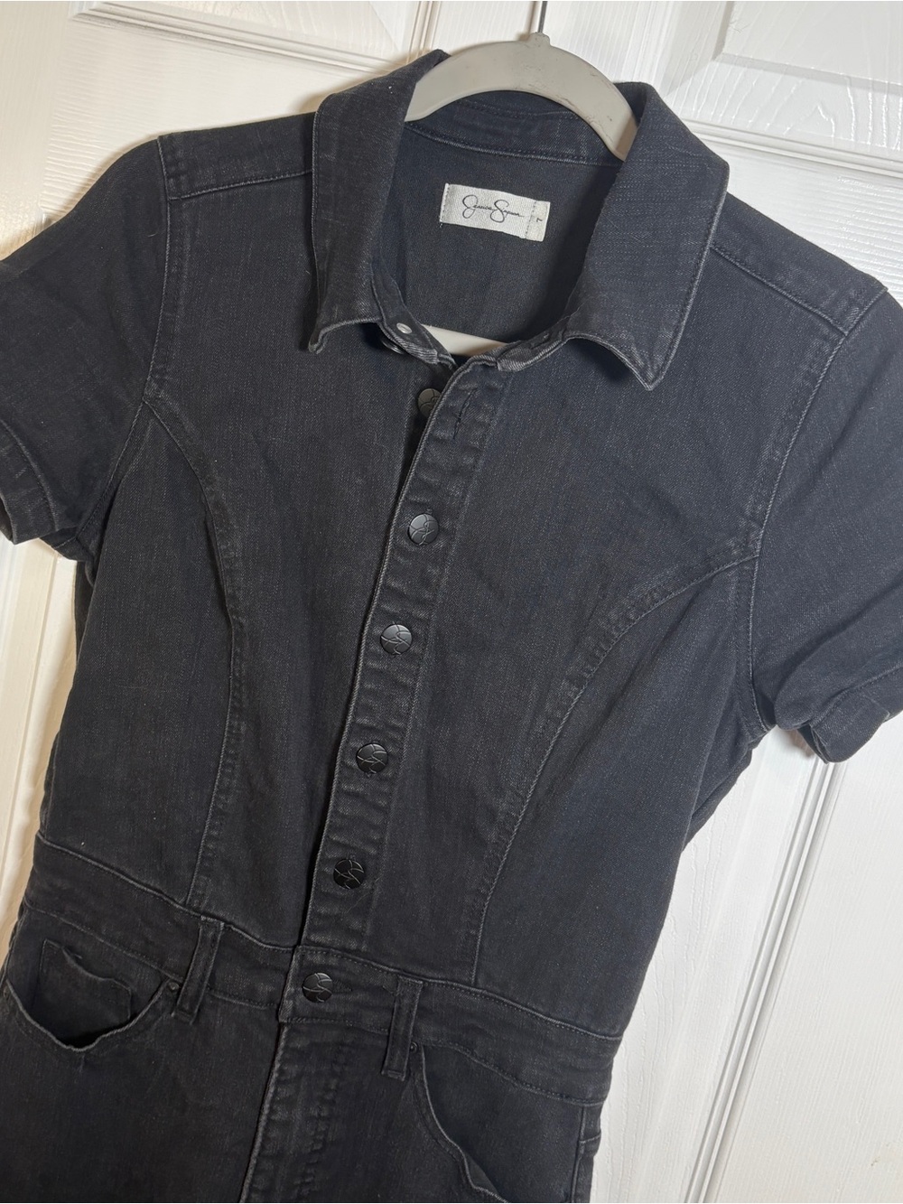 Jessica Simpson Black Denim Flare Leg Jumpsuit Short Sleeve juniors 7